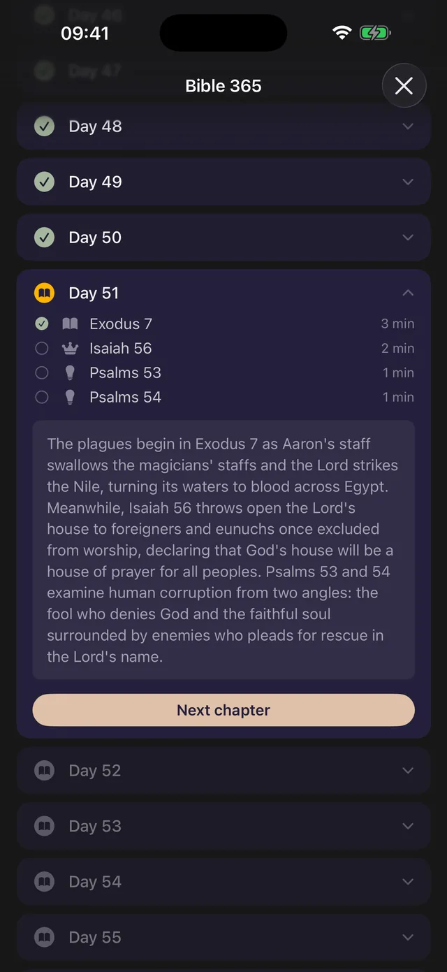 Bible 365 reading plan: day 51 of the Bible-in-a-year plan with chapters to read and reading progress