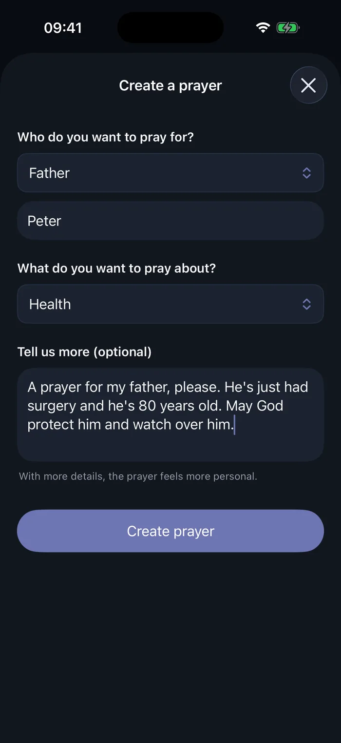 Bible 365 create-a-prayer form: choose who to pray for and what about, then generate a personalized prayer