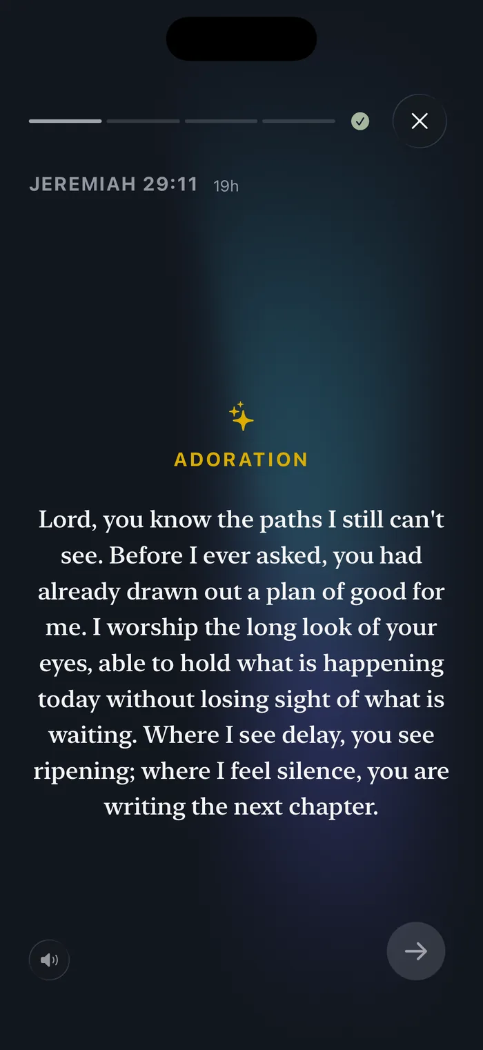 Bible 365 guided prayer, the Adoration step, in a full-screen immersive view
