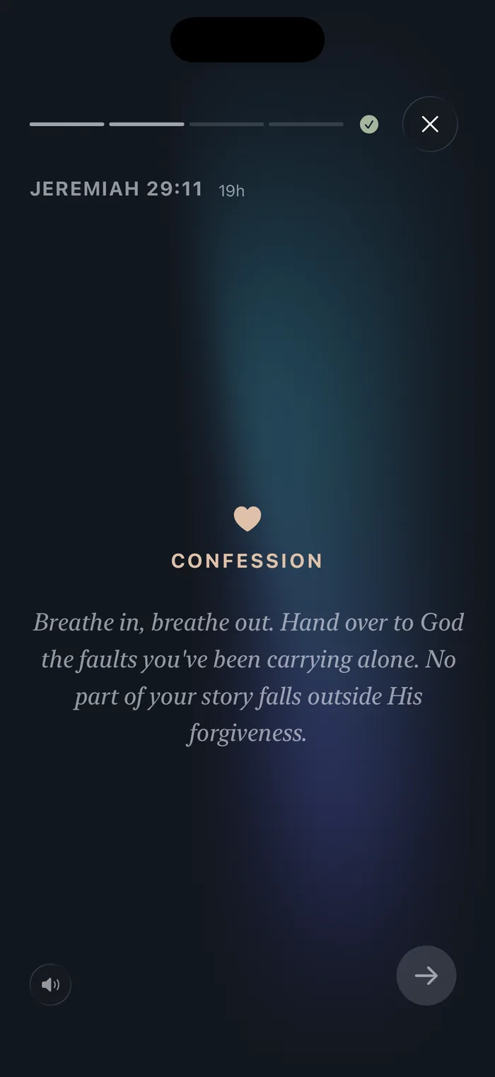 Bible 365 guided prayer, the Confession step, in a full-screen immersive view