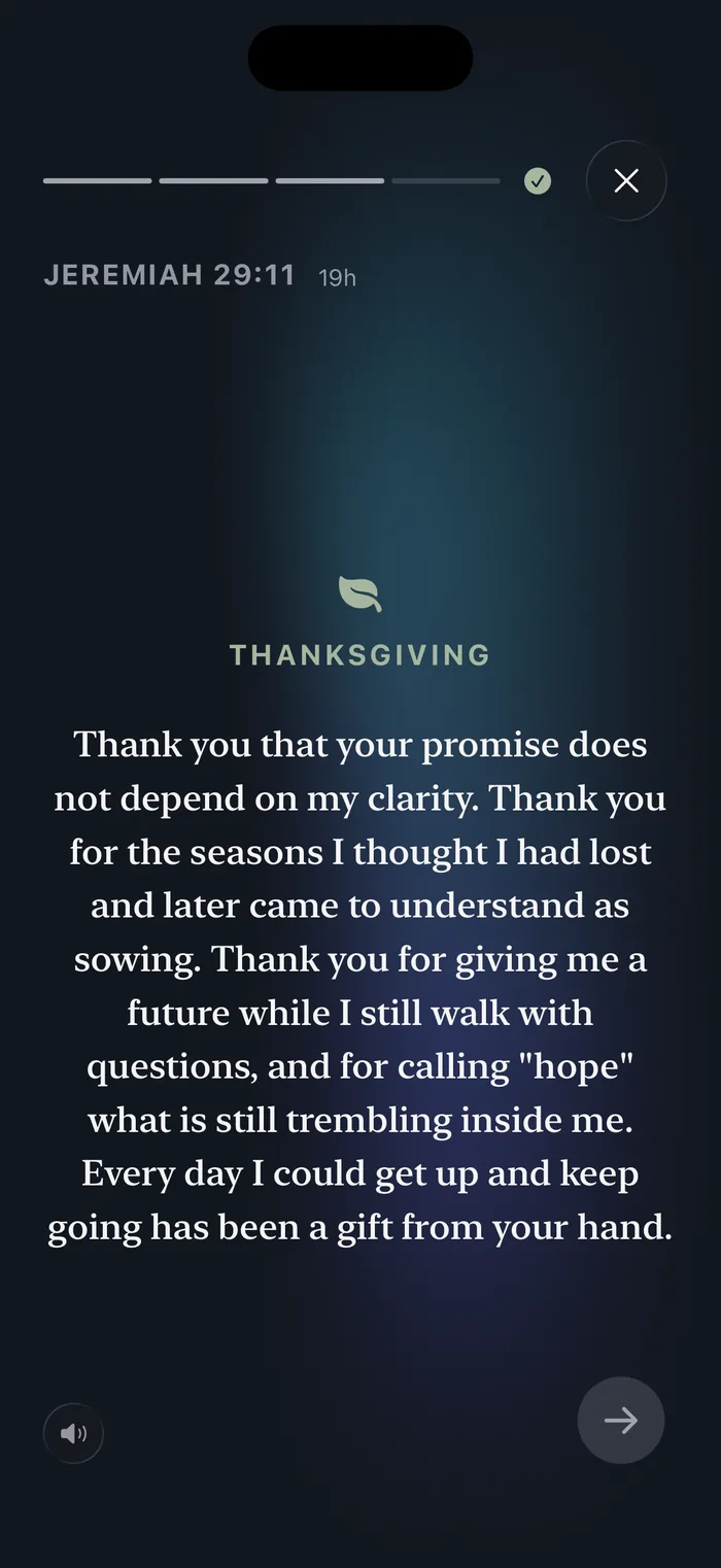 Bible 365 guided prayer, the Thanksgiving step, in a full-screen immersive view