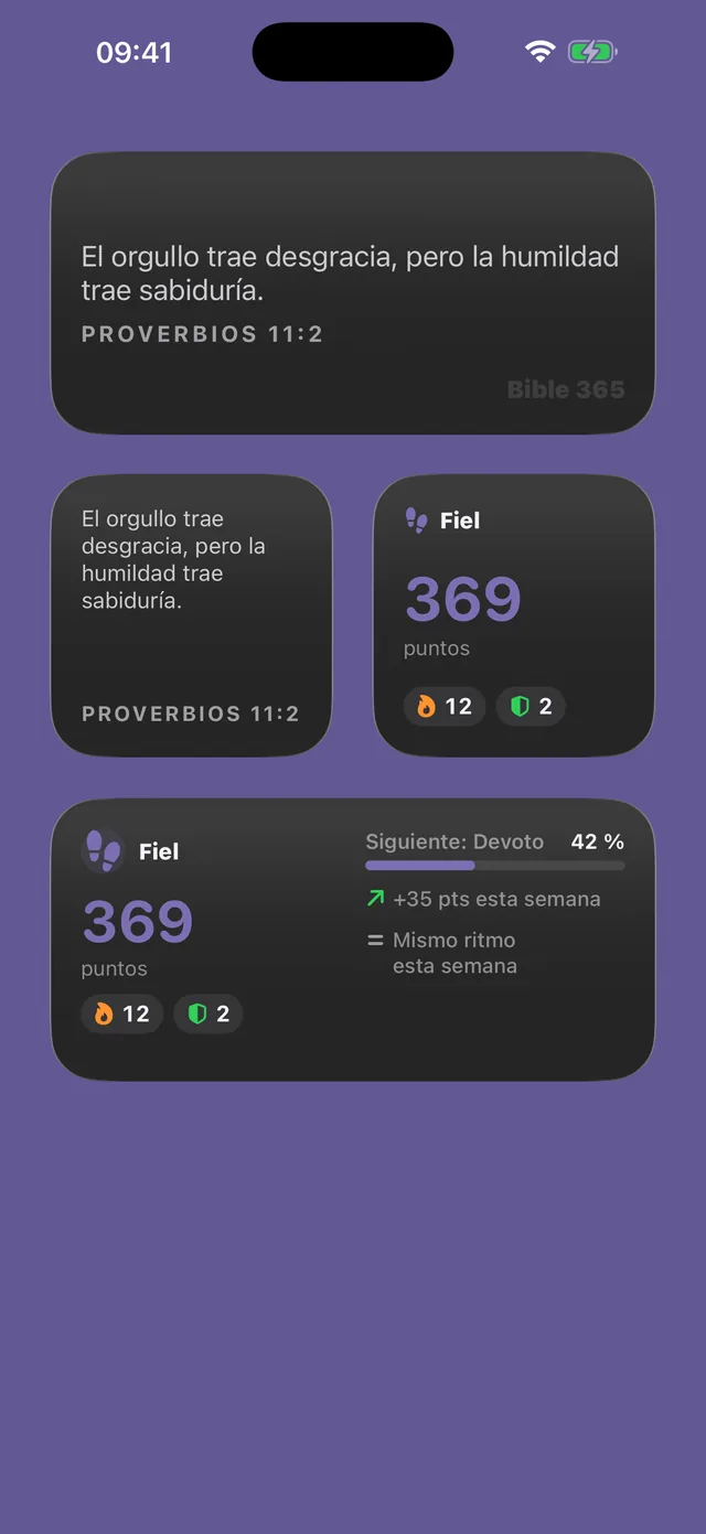 Widgets del versículo del día y del progreso de Bible 365 en la pantalla de inicio del iPhone