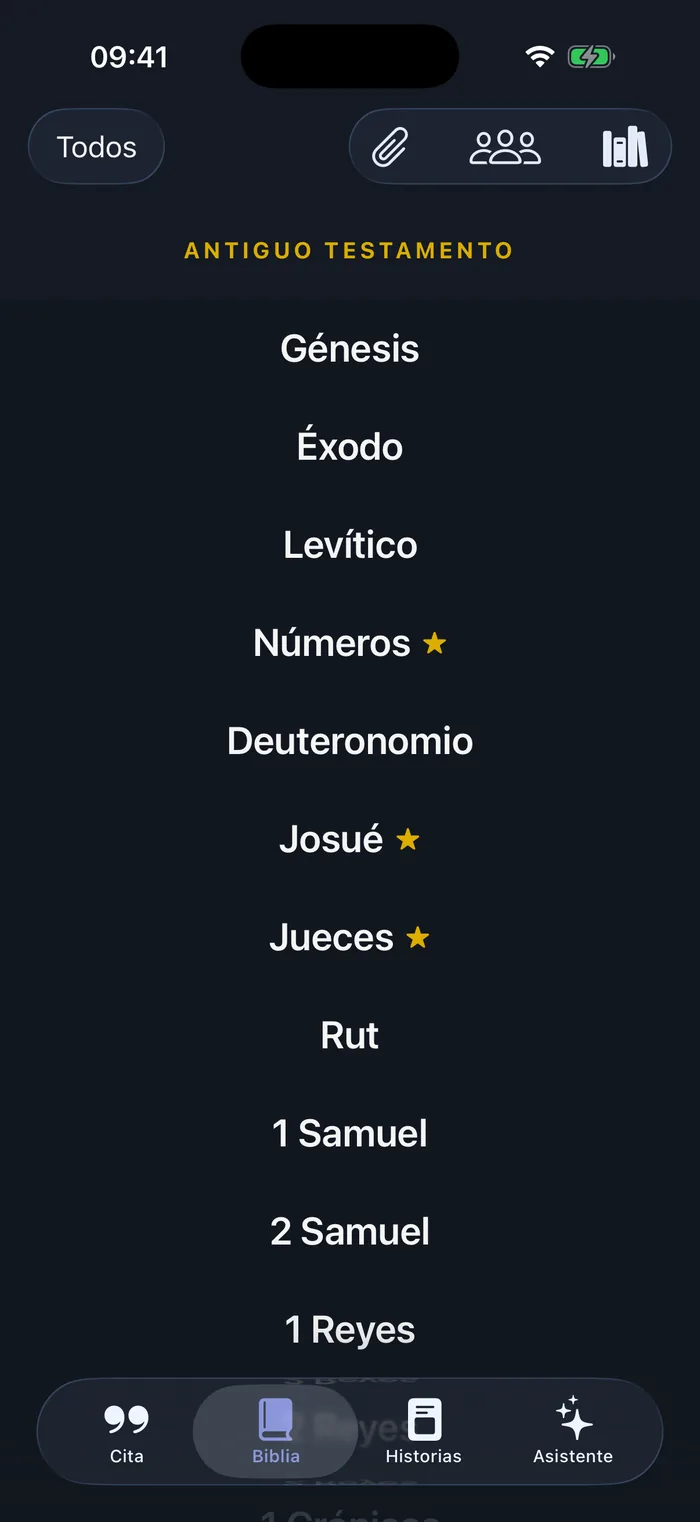 Índice de libros de la Biblia en Bible 365, Antiguo y Nuevo Testamento, con favoritos